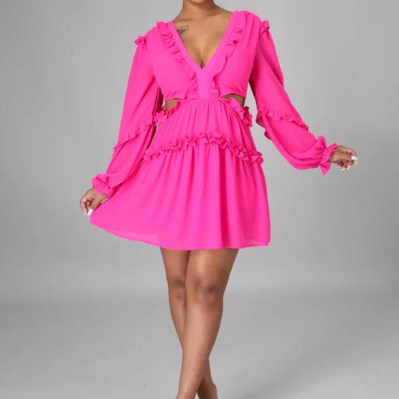 Fuchsia Ruffled Cutout Dress with Crisscross Back - NWT - Picture 1 of 5